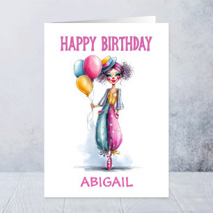 Carte Fille de clown élégante tenant des ballons d'anniv