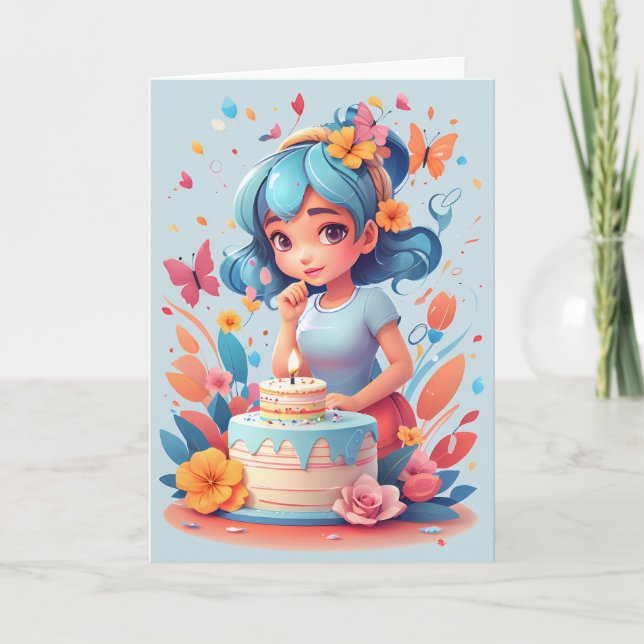 Carte Fille de dessin animé avec gâteau d'anniversaire | (Devant)