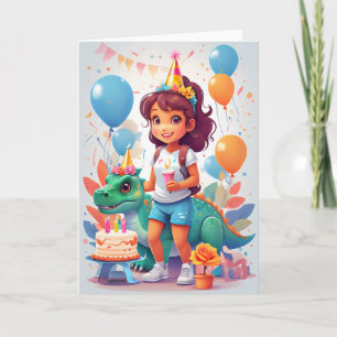 Carte Fille de dessin animé avec gâteau d'anniversaire e