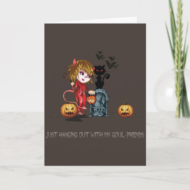 Carte Fille de diable rouge de Halloween avec le chat (Devant)