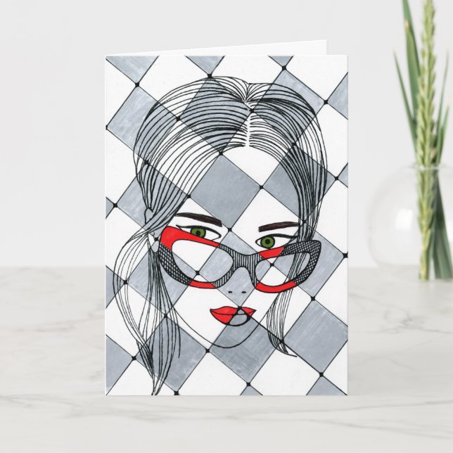 Carte Fille de mode chic avec lunettes rouges Art abstra (Devant)