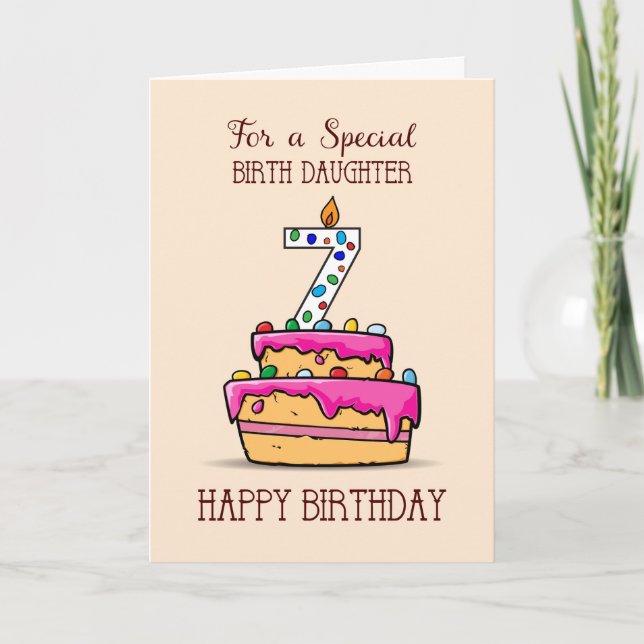 Carte Fille de naissance 7e anniversaire, 7 sur Gâteau r (Devant)