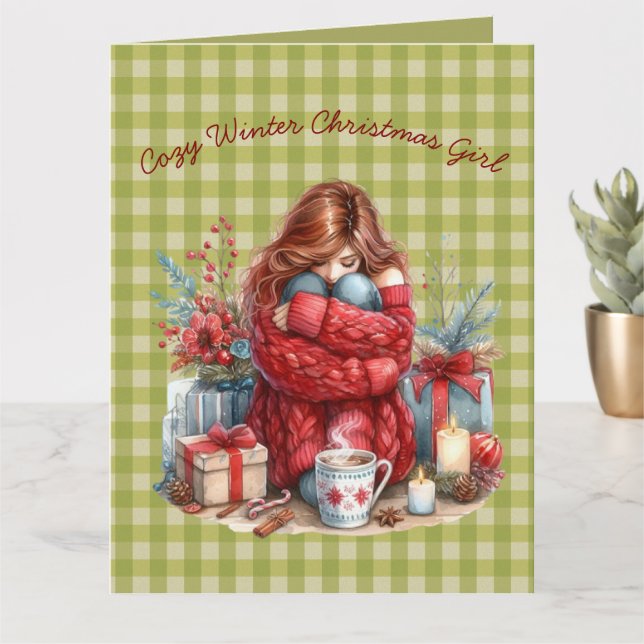 Carte Fille de Noël d'hiver confortable en vert olive sa (Petite plante)