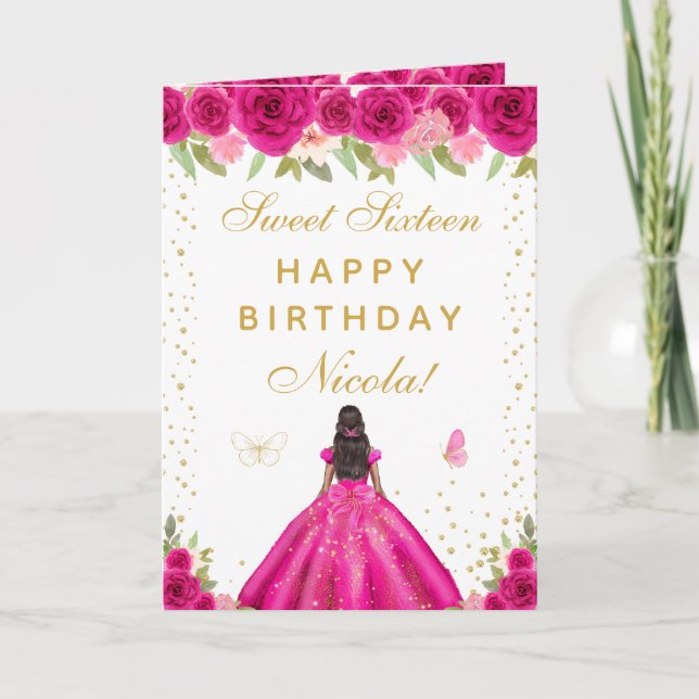 Carte Fille de seize ans à la peau foncée et florale ros (Devant)