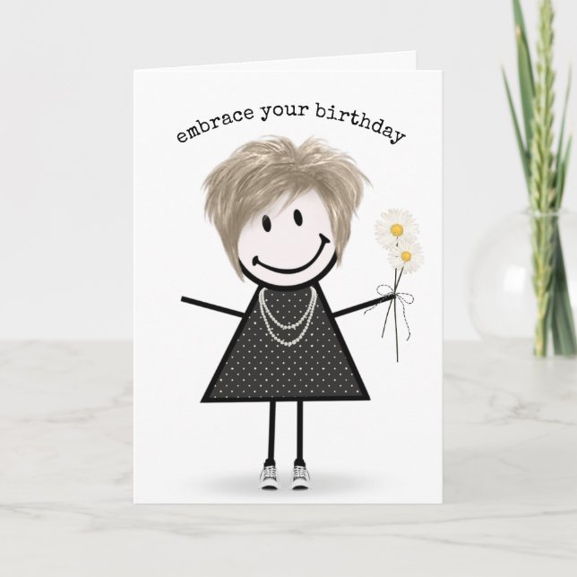Carte Fille de stick figure d'anniversaire avec des marg (Devant)