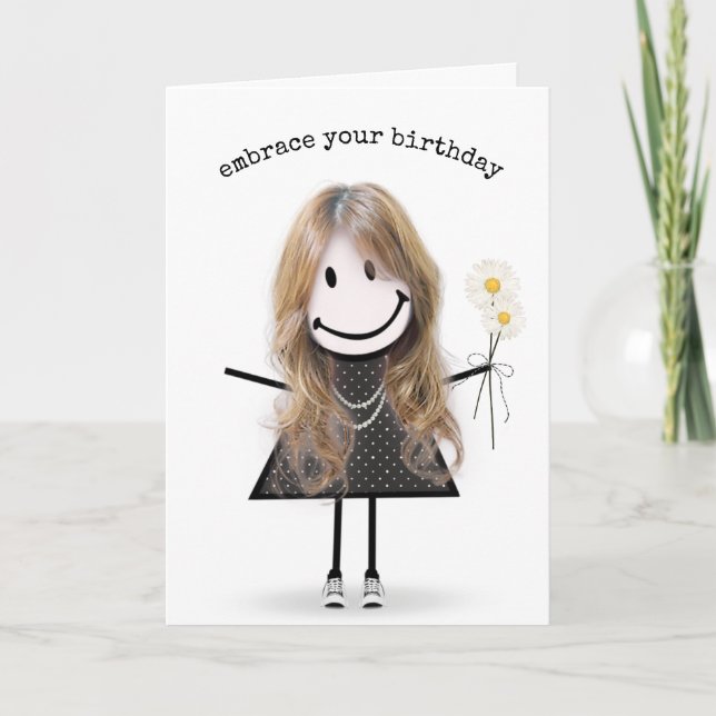 Carte Fille de stick figure d'anniversaire avec des marg (Devant)