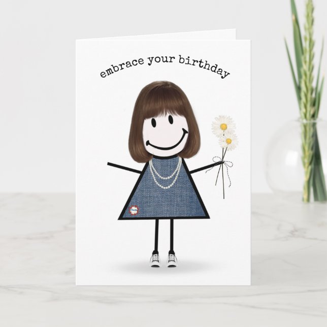 Carte Fille de stick figure d'anniversaire avec des marg (Devant)