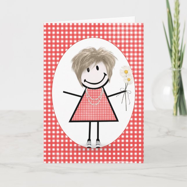 Carte Fille de stick figure d'anniversaire sur gingham r (Devant)