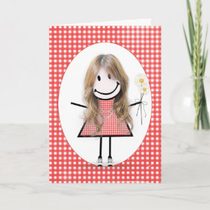 Carte Fille de stick figure d'anniversaire sur gingham r