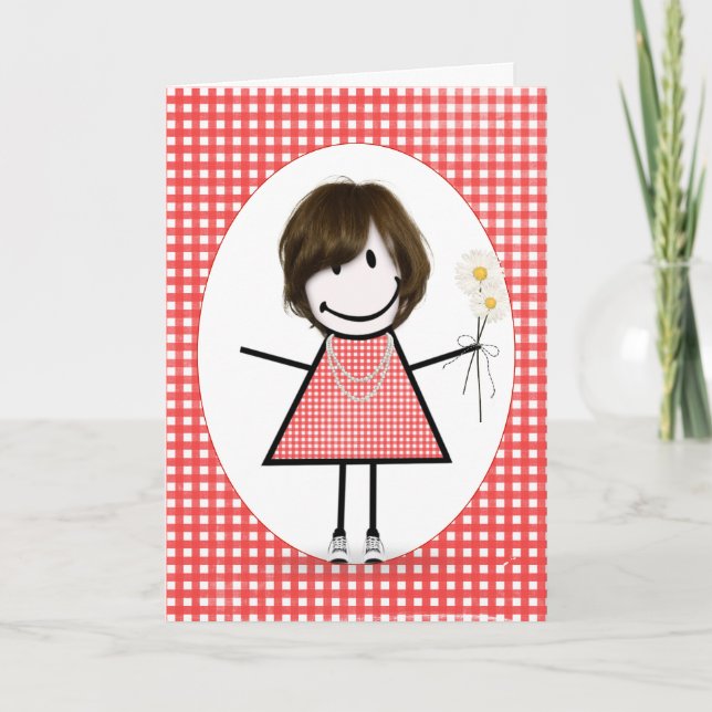Carte Fille de stick figure d'anniversaire sur gingham r (Devant)