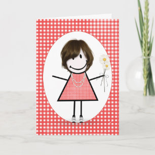 Carte Fille de stick figure d'anniversaire sur gingham r