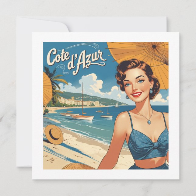 Carte fille de style vintage Côte d'Azur Beach (Devant)