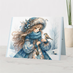 Carte Fille d'hiver avec oiseau en manteau floral bleu