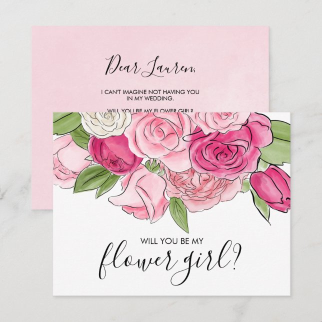 Carte Fille d'Honneur Fleurs Roses Aquarelle Rose (Devant / Derrière)