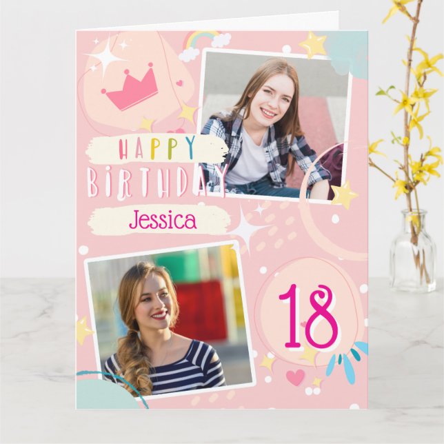 Carte fille Doodle Rainbow 18e Anniversaire Photo (Fleur jaune)