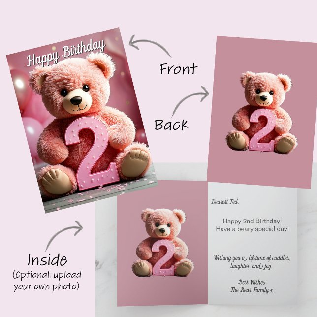 Carte Fille du 2e anniversaire | Ours et ballons en pelu (Girl Happy 2nd second Birthday card. Cream teddy bear holds number 2. pink party balloons)