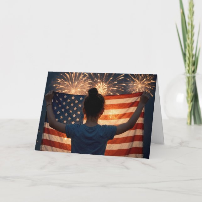 Carte Fille du 4 juillet avec drapeau et feux d'artifice (Devant)