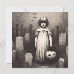 Carte Fille effrayante dans un cimetière Halloween vinta
