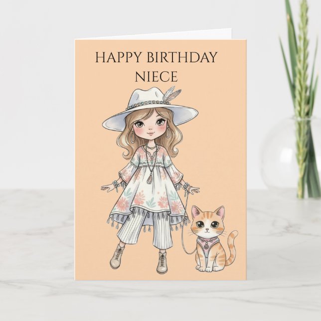 Carte Fille élégante se promenant avec son chat (Devant)