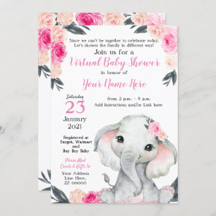 Carte fille Eléphant Baby shower virtuel Roses ros
