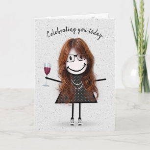 Carte Fille en bâton d'anniversaire avec du vin rouge 