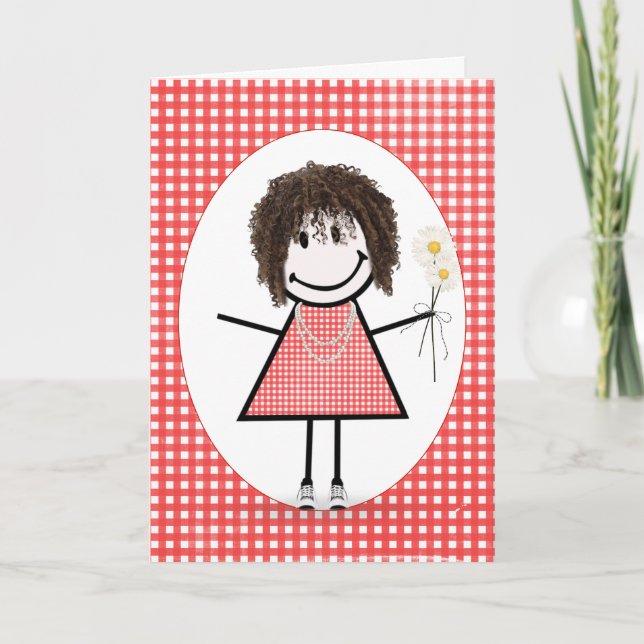 Carte Fille en bâtonnets d'anniversaire sur gingham roug (Devant)
