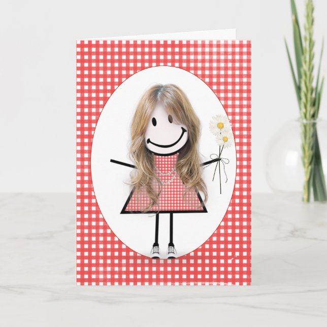 Carte Fille en bâtonnets d'anniversaire sur gingham roug (Devant)
