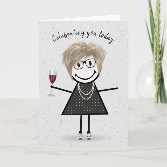 Carte Fille en bâtonnets pour anniversaire avec du vin r (Devant)