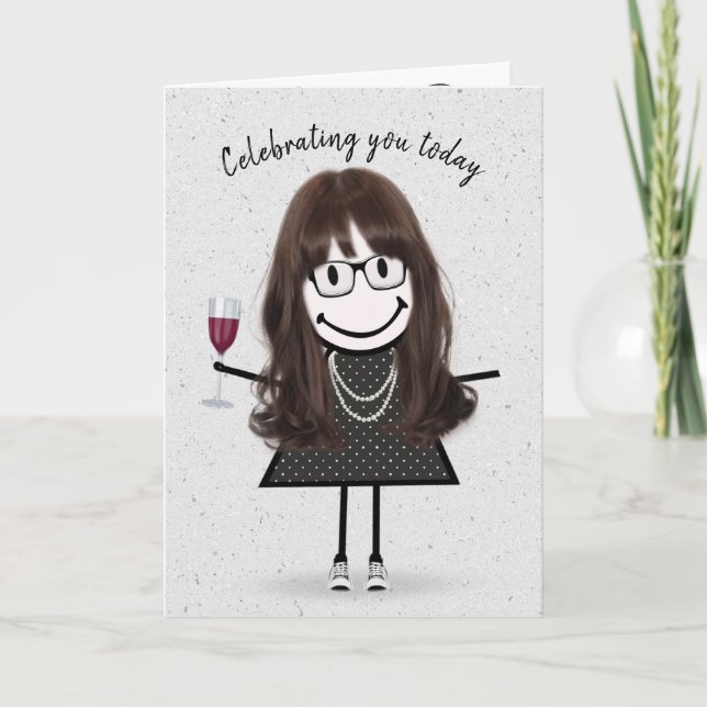 Carte Fille en bâtonnets pour anniversaire avec du vin r (Devant)