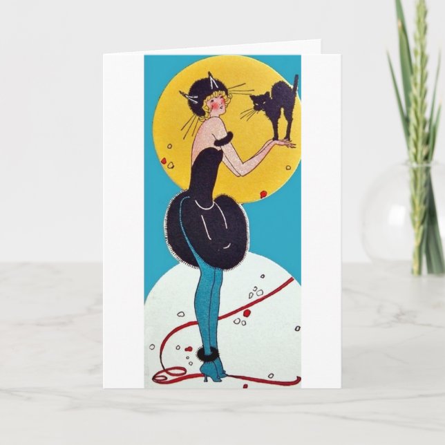 Carte Fille en costume de chat avec son chat noir (Devant)