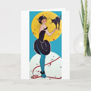 Carte Fille en costume de chat avec son chat noir