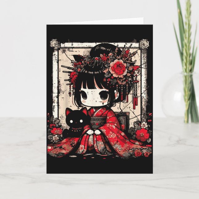 Carte Fille en kimono Chibi Chat noir Fleurs Art japonai (Devant)