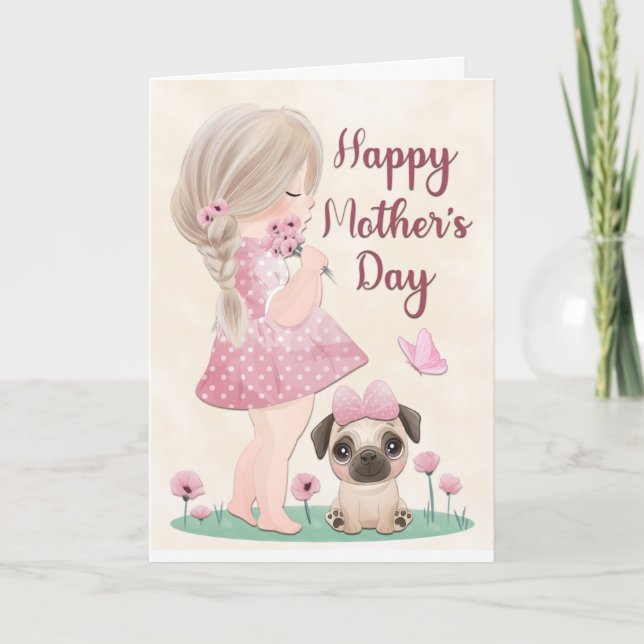 Carte Fille en robe rose et Carlin Chiot pour la fête de (Devant)