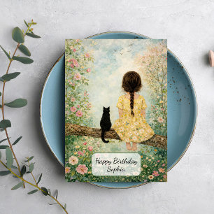 Carte Fille et chat dans un jardin printanier