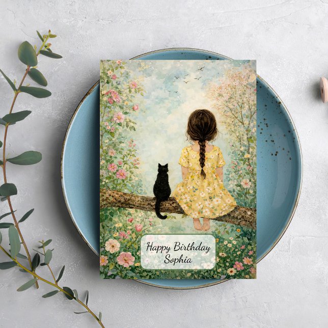 Carte Fille et chat dans un jardin printanier (Créateur téléchargé)