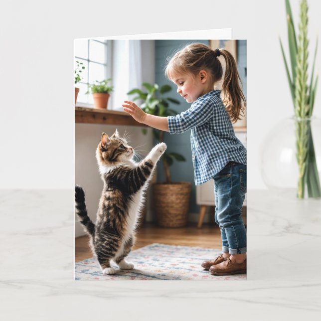 Carte Fille Et Chat Haut Cinq Anniversaire (Devant)