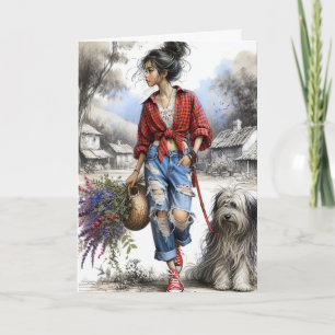 Carte Fille et chien avec panier à fleurs