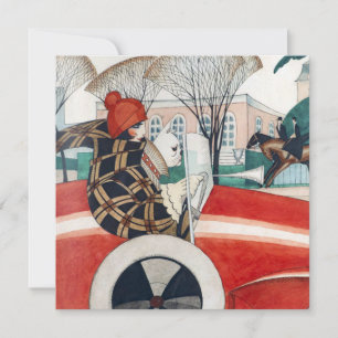 Carte Fille et chien pug dans une automobile rouge