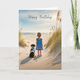 Carte Fille et chien sur une plage pour Anniversaire