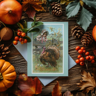 Carte Fille et dinde de Thanksgiving vintage