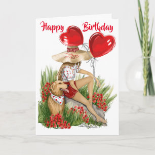 Carte Fille et son Labrador avec des ballons cardiaques