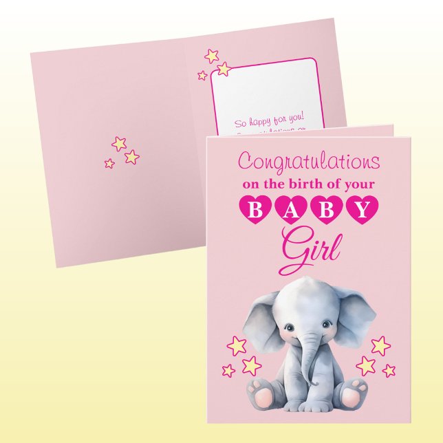 Carte Fille félicitations éléphant rose (Créateur téléchargé)
