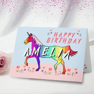 Carte Fille Fleur Licorne Arc-en-ciel Joyeux Anniversair