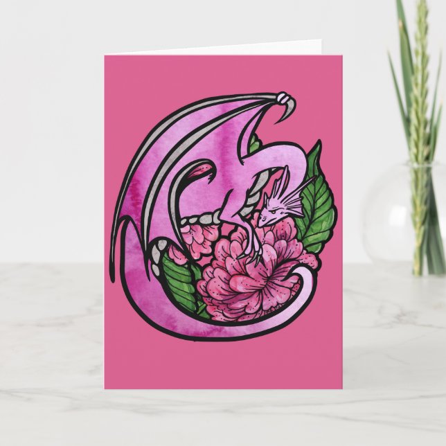 Carte Fille Geek Fleurs Florales Dragon Rose Chaud       (Devant)