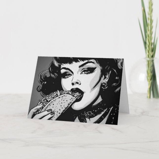 Carte Fille gothique de style graphique BW 50s mangeant  (Devant)