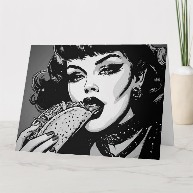 Carte Fille gothique de style graphique BW 50s mangeant  (Devant)