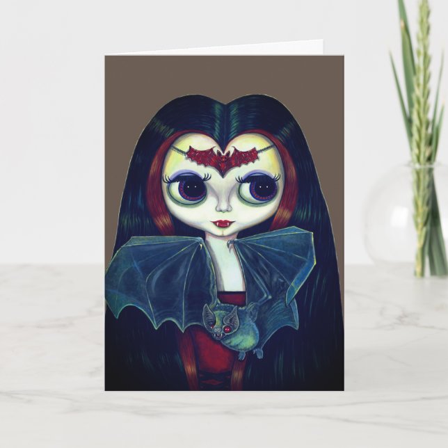 Carte Fille gothique vampire avec de grands yeux de chau (Devant)