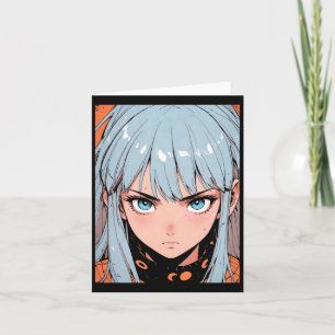 Carte Fille intense rétro anime cheveux bleus autocollan