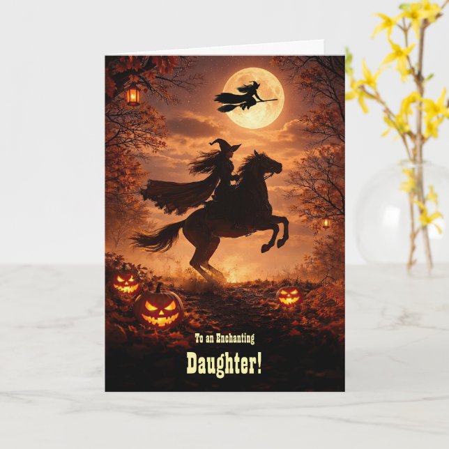 Carte Fille Joyeux Halloween avec sorcières cheval (Fleur jaune)