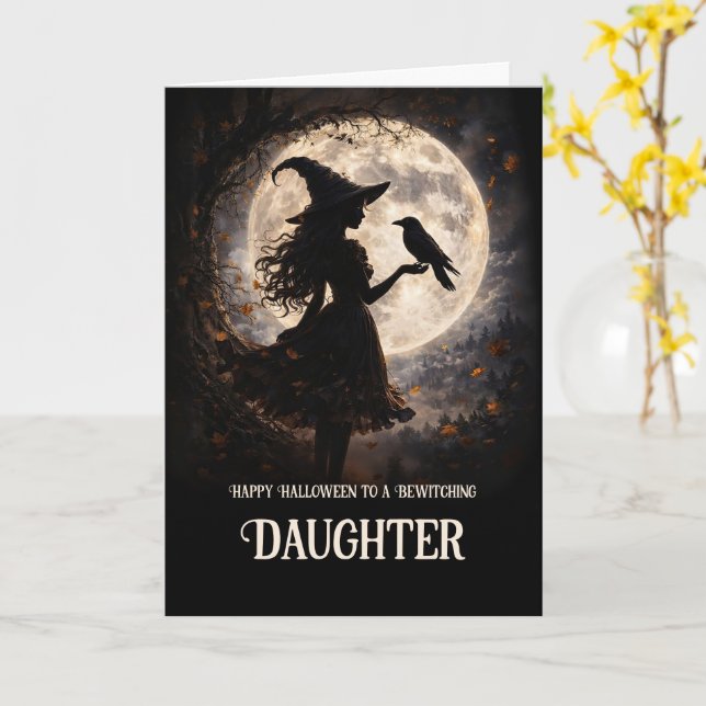 Carte Fille Joyeux Halloween Belle Sorcière et Corbeau (Fleur jaune)